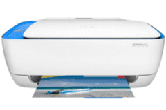 HP DeskJet 3637 Drucker, Weiß / Blau, Vorderansicht.