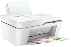 HP DeskJet 4120e Drucker, weiß, Seitenansicht.