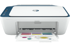 HP DeskJet 2721e Drucker, Weiß / Blau, Vorderansicht.