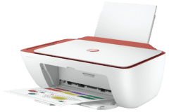 HP DeskJet 2723e Drucker, Weiß / rot, Seitenansicht.